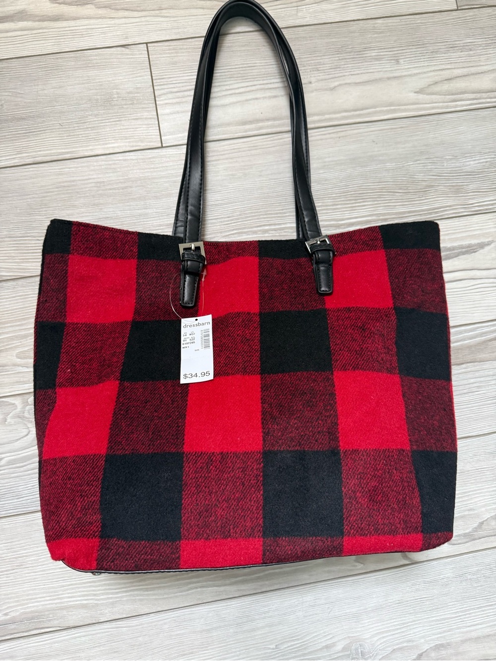 dressbarn Red and Black Plaid Tote with Black Handles
